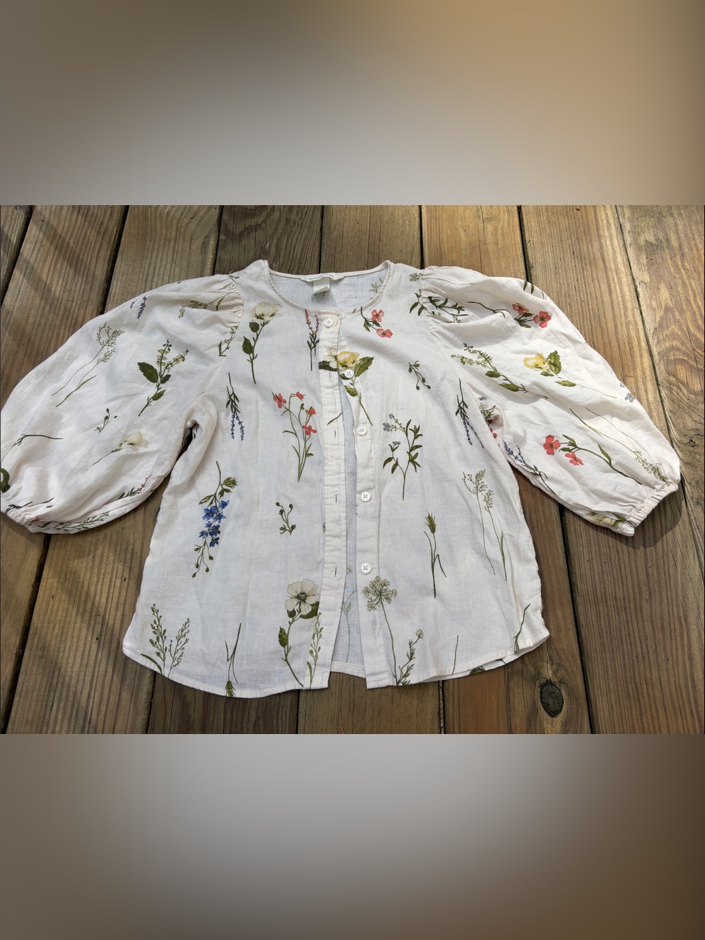 Womens linen blend White Floral Puff-Sleeve Button-Up Top